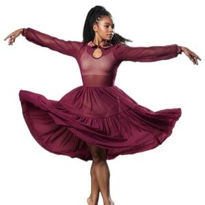 Double Platinum Burgundy wine Sheer Ruffled Tiered Long‎ Sleeve Dress Adult M